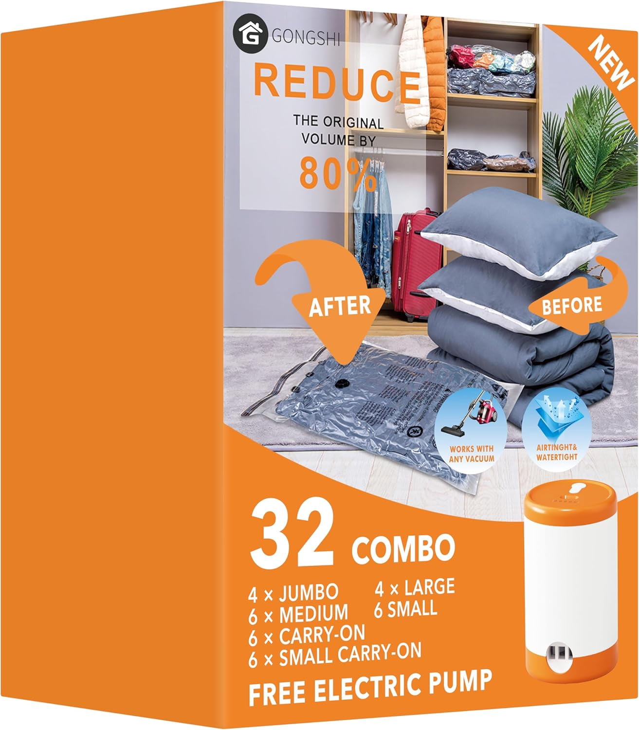 Vacuum Storage Bags, Space Saver Bags for Clothing,Blankets,Comforters, Pillows, Clothes,Travel,32 Combo-EPUMP