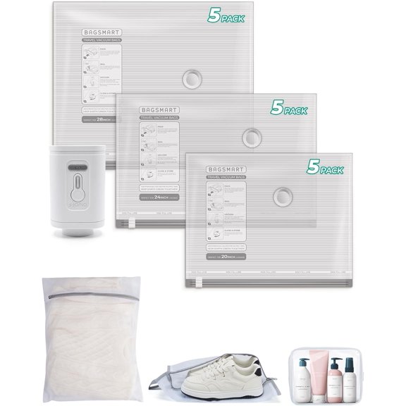 Vacuum Storage Bags for Travel with Rechargeable Air Pump, Portable Space Saver Bags for Travel & Home, Vacuum Compression Seal Bag for Clothing, Blanket, 18 Pack Gray