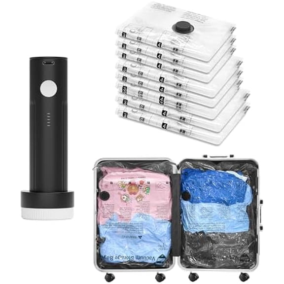 Vacuum Storage Bags for Travel with Rechargeable Pump, 8 Combo (2L/3M/3S) Compression Packing Seal Bags for Luggage Suitcase, Space Saver for Clothing and Clothes Travel