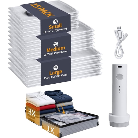 Vacuum Storage Bags for Travel, Vacuum Seal Bags for Clothing with Portable Electric Pump, Space Saver Bags in Multiple Carry- Sizes, for Luggage and Suitcases (15 Pack Travel Size)