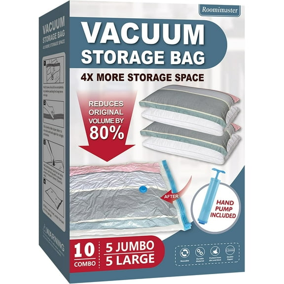 Vacuum Storage Bags, Vacuum Seal Space Saver Bags for Clothing, Travel Lugggage, Carry-on, Blankets, Comforters, Pillow, Bedding, 10 Combo