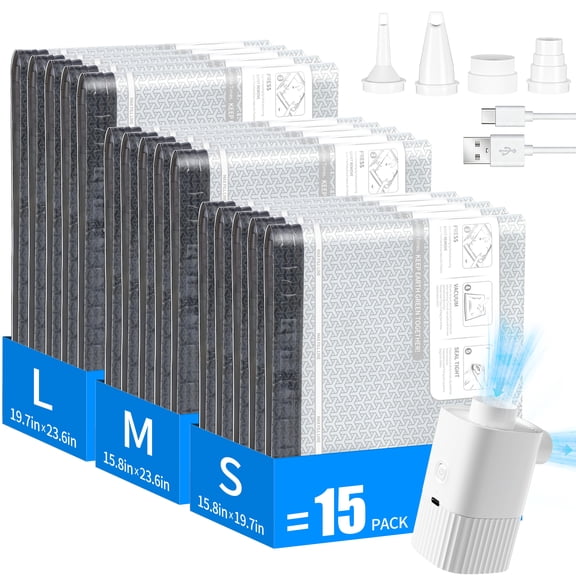 TINANA Vacuum Storage Bags for Travel with Rechargeable Electric Pump, 15 Pack Space Saver Bags for Clothes, Bedding, Luggage, and Suitcase Compression