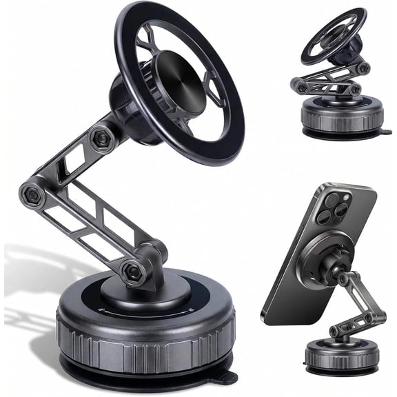 Vacuum Suction Car Phone Mount [80LBS Strong Suction & 3-Section Long Arm] Magnetic Dashboard Holder for Car, 360 Rotation Stand with Metal Ring for iPhone 17 16 15 14 13, Samsung & All Phones