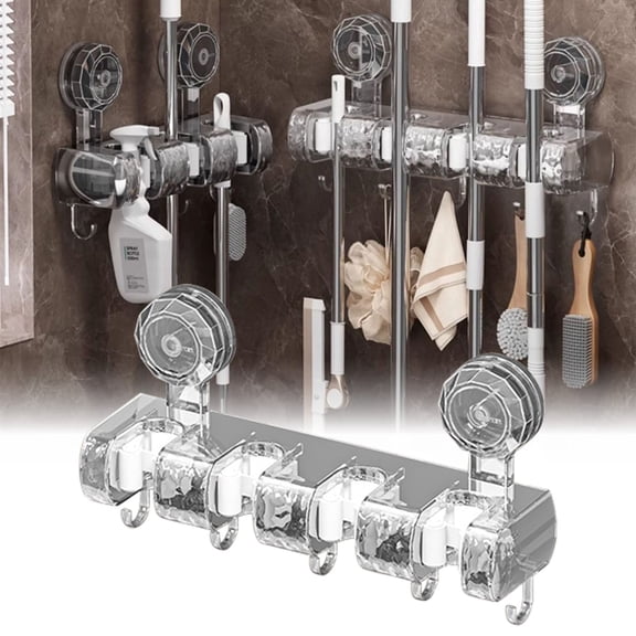 Vacuum Suction Cup Mop Storage Rack Wall Hanging Clip - No Punching Mop Hook for Toilet Door Organizing Artefact Shelf Buckle