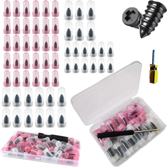 Vacuum Tire Mending Nail, Sufficientlg 60 PCS Tire Repair Rubber Nails Kit with Box and Screwdriver, Screw in Tires Repair Plugs, Self-Service Tires Screw Plug Repairs for Puncture Repairs(60 Pcs)