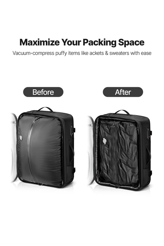 Vacuum Travel Backpack,65L,Expandable Vacuum Seal Compression Travel Backpack with Pump,with TSA-Approved Lock,Airback Vacpack,Water-Resistant Carry-On Suitcase Luggage,for Business,Black