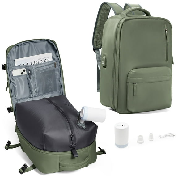 Simple Vacpack Backpack for Travel with Air Pump, Airback with Vacuum Seal Compression Travel Backpack Flight Approved, Personal Item Carry on Bags Water Resistant Airbag Casual Daypack Green