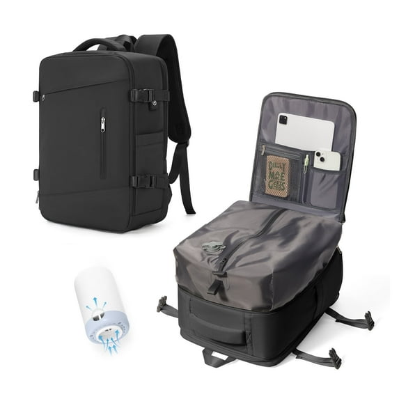 Vacpack Backpack with Vacuum Seal Travel Backpack Men, Vacuum Compression Backpack with Portable Air Pump, Vacuum Seal Carry on Backpack for Airplanes Women Laptop Airback Vac Pack Daypack Black