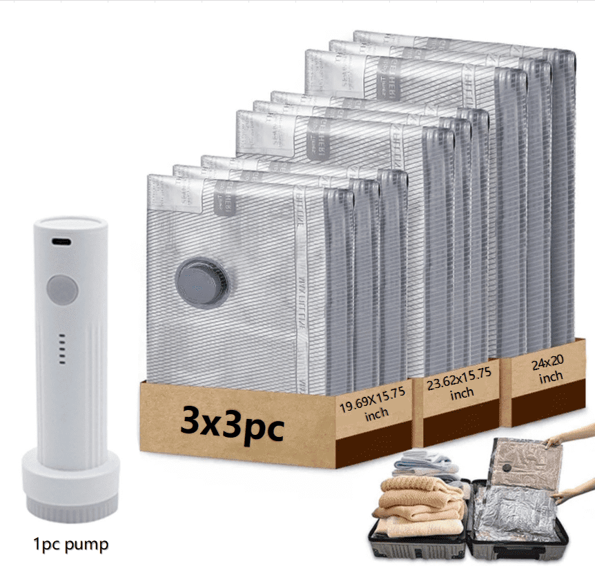 Vacuum Travel Bags,  Cordless Travel Vacuum Bag Set, Vacuums Seal Bags for Clothing Travels, Vacuum Bags for TravelS with Rechargeable Air Pump, Perfect for Carry-On Suitcases(9pcs Bag ,1x pump)