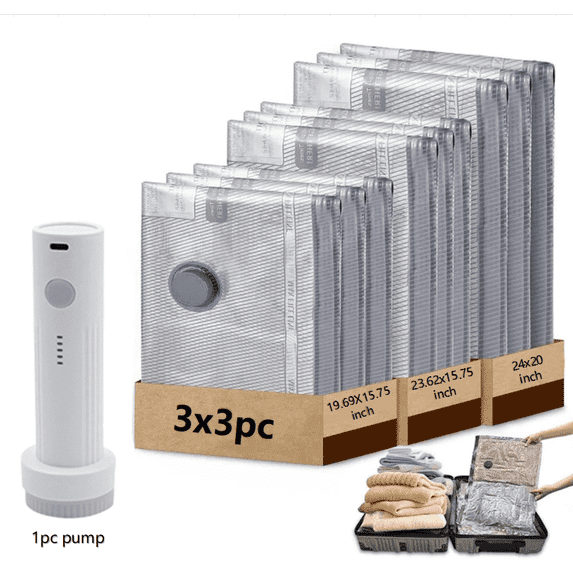 Vacuum Travel Bags, Cordless Travel Vacuum Bag Set, Vacuums Seal Bags for Clothing Travels, Vacuum Bags for TravelS with Rechargeable Air Pump, Perfect for Carry-On Suitcases(9pcs Bag ,1x pump)