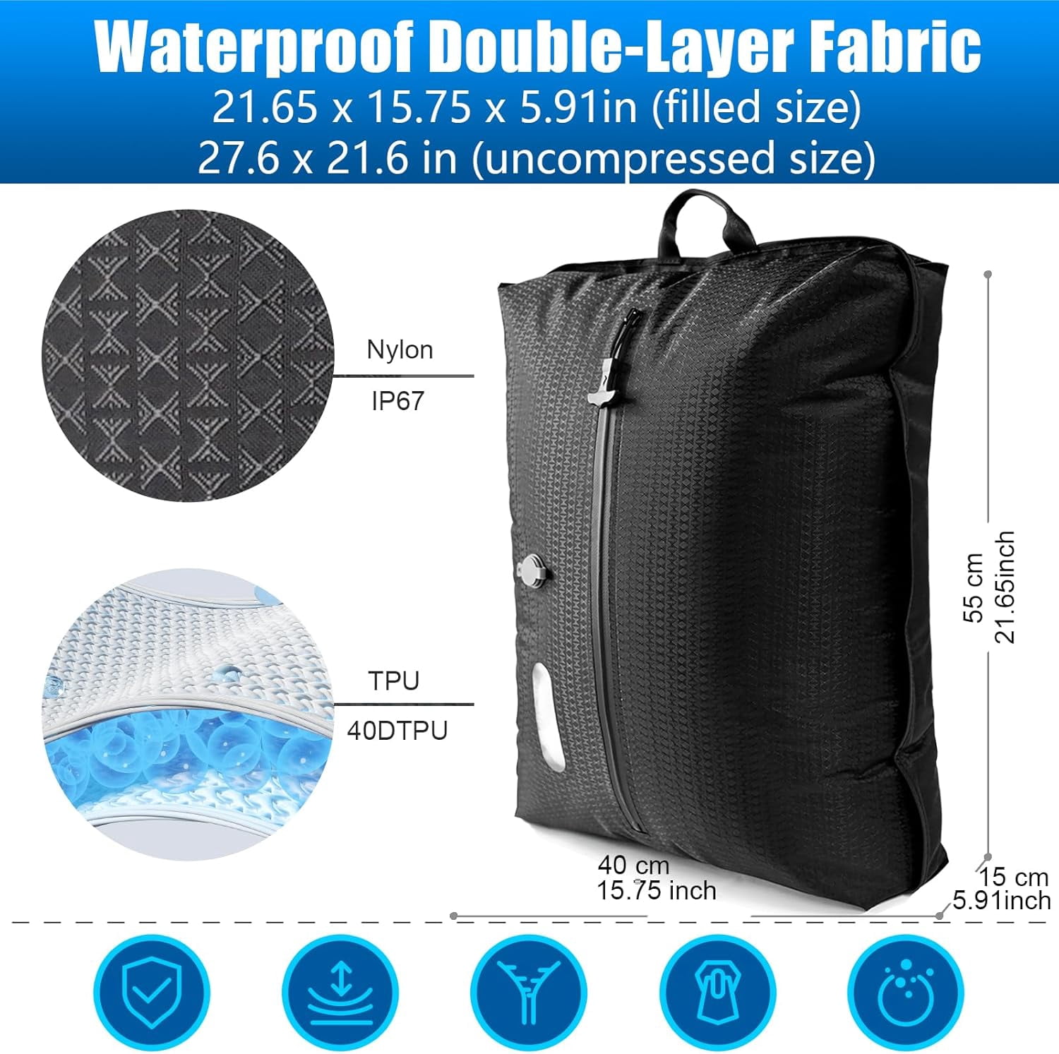 Vacuum Travel Bags with Pump–Electric Wireless Air Pump, Double Layer Vacuum Seal Bags for Clothing Travel, 2PC Airless vacuum bags for travel with IP67 Waterproof (2PC+Pump)