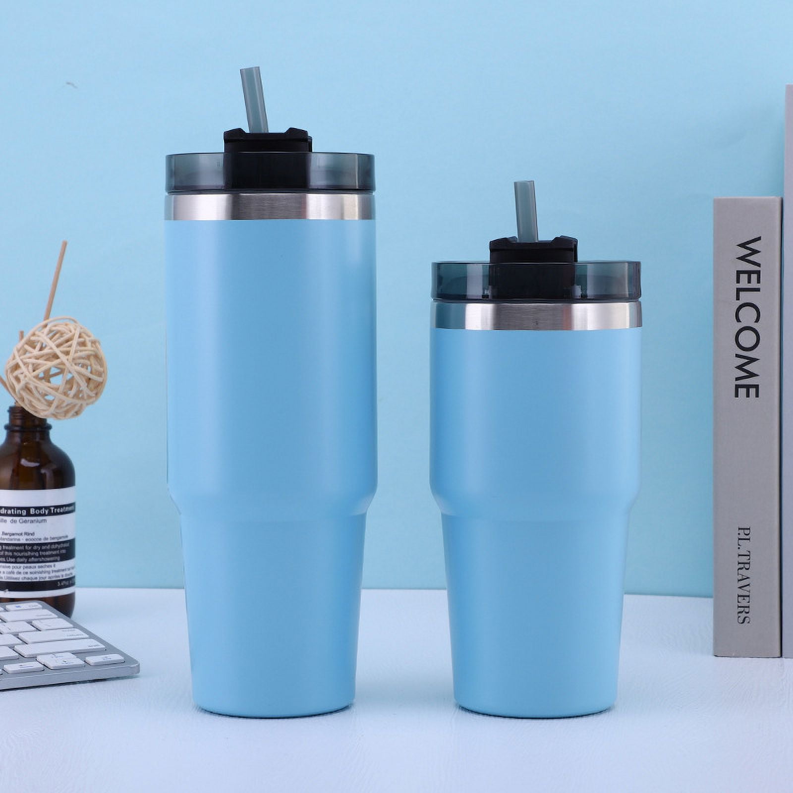 Insulated Travel Mug with Straw and Ceramic Lined Coating 30 oz Tea Vacuum  Coffee Tumbler with Lid and Brush, Oxford Blue 