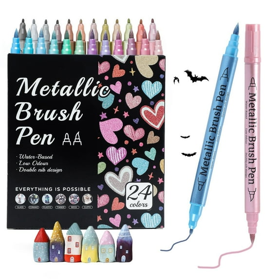 Vadktai 24 Colors Metallic Paint Markers, Dual Tip Nail Art Pens Set, Nail Pens Nail Point Graffiti Dotting Pen, Drawing Painting Liner Brush for Nail Art Beauty Adorn Manicure Tools