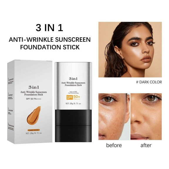 Vadktai 3 In 1 Anti Wrinkle Foundation Stick - Flawless Eraser Foundation Stick- Hydrating Lightweight, Double Head Foundation Make Up Stick with Brush - Multi-Use Face Makeup Contour Stick