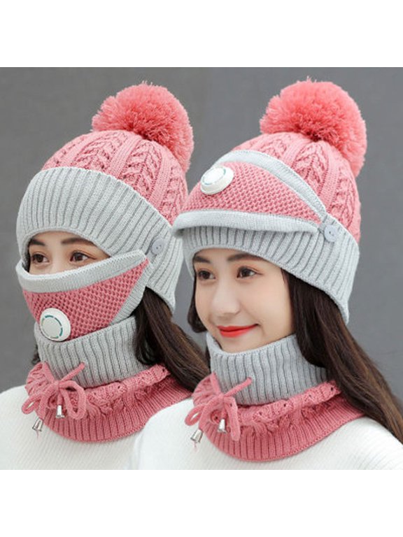 3 in 1 Warm Thick Knitted Beanie Hat Scarf and Mask Set, Slouchy Snow Knit Cap Infinity Scarves for Women, Fashion Women Winter Knitted Hat Thickened Woolen Cap with Warm Mask and Neck Scarf
