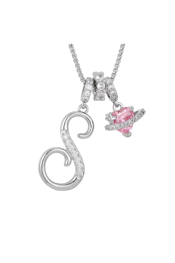3-Circle Pink Heart-Shaped Diamond-Encrusted Crystal Initial A-Z Pendant Necklace, Stackable Jewelry for Women, Diamond-Studded Plated Letter Tiny Initial Necklaces Birthday Gifts for Women