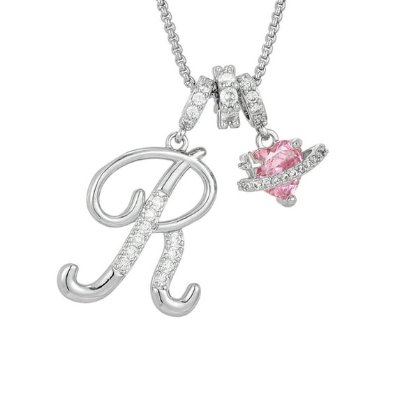 Vadktai 3-Circle Pink Heart-Shaped Diamond-Encrusted Crystal Initial A-Z Pendant Necklace, Stackable Jewelry for Women, Diamond-Studded Plated Letter Tiny Initial Necklaces Birthday Gifts for Women
