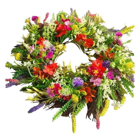 Vadktai Artificial Flower Wreath, 16” Purple Yellow White Pink Floral Wreath, Spring and Summer Wreath, Front Door Wreath for Home Party Festival Wedding Decor