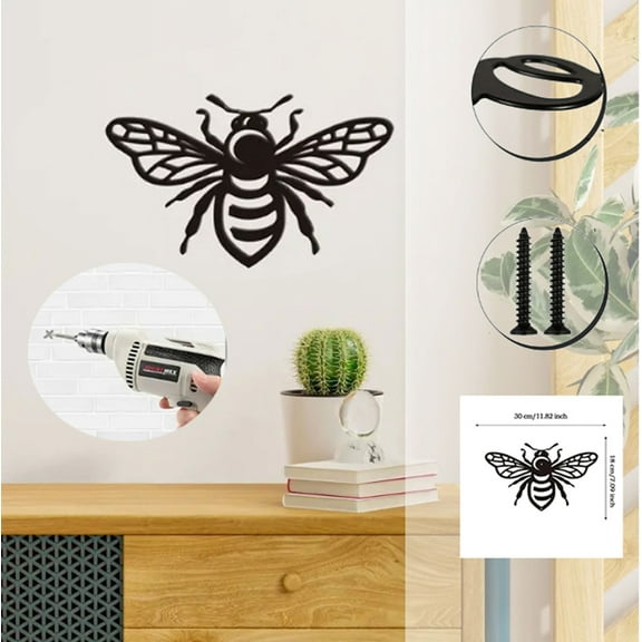 Vadktai Bee Metal Wall Art Decor, Wall Sculpture Hanging Decoration, Sign Iron Outline Wall Art Black Rustic Decor, Ornament Wall for Garden, Indoor, Outside, Living Room, Home, Office