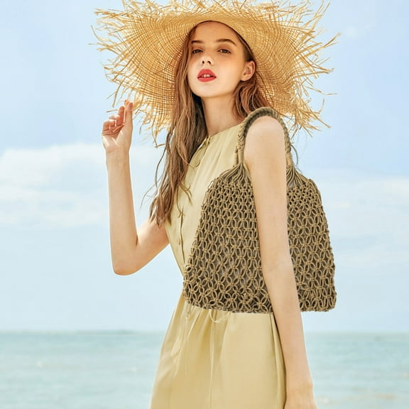 Vadktai Cotton Rope Travel Beach Fishing Net Handbag, Shopping Woven Shoulder Bag for Women Girls