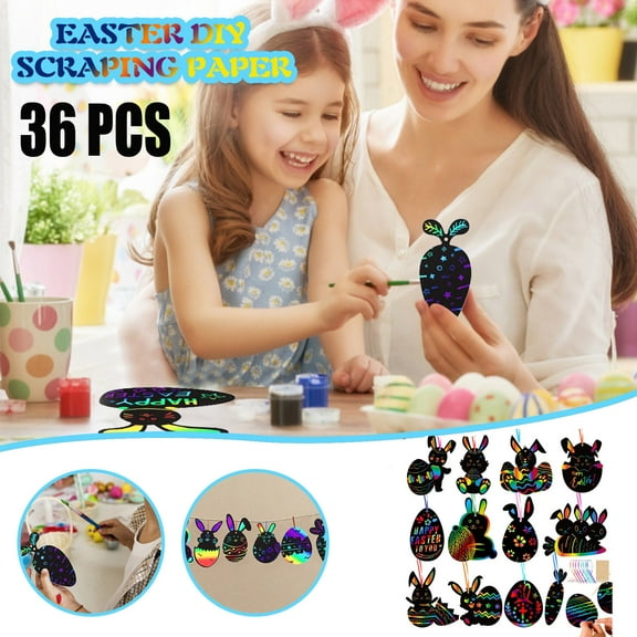Vadktai Easter Crafts for Kids, 36 Pack Magic Rainbow Scratch Paper Kit, Cute Bunny Scratch Art for Kids Easter Party Favors Gifts Egg Basket Stuffers