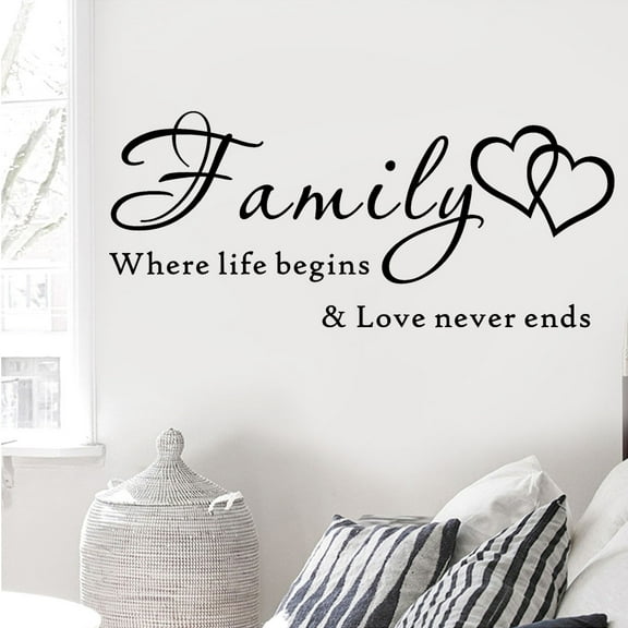 Vadktai Family Where Life Begins & Love Never Ends Wall Decal Sticker Quotes, Removable Mural Sayings Wallpaper Home Decor for Living Room Bedroom – Warm & Loving Art Words