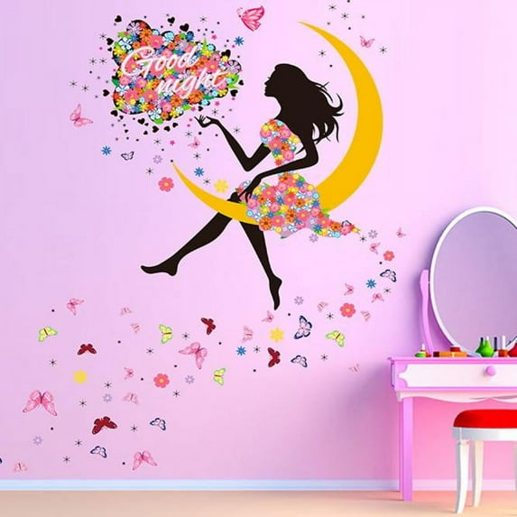 Vadktai Lovely Girl Colorful Butterfly Wall Stickers, Good Night Art Wall Decals Stick for Nursery Kids Baby Living Room Bedroom Children's Room Decorations