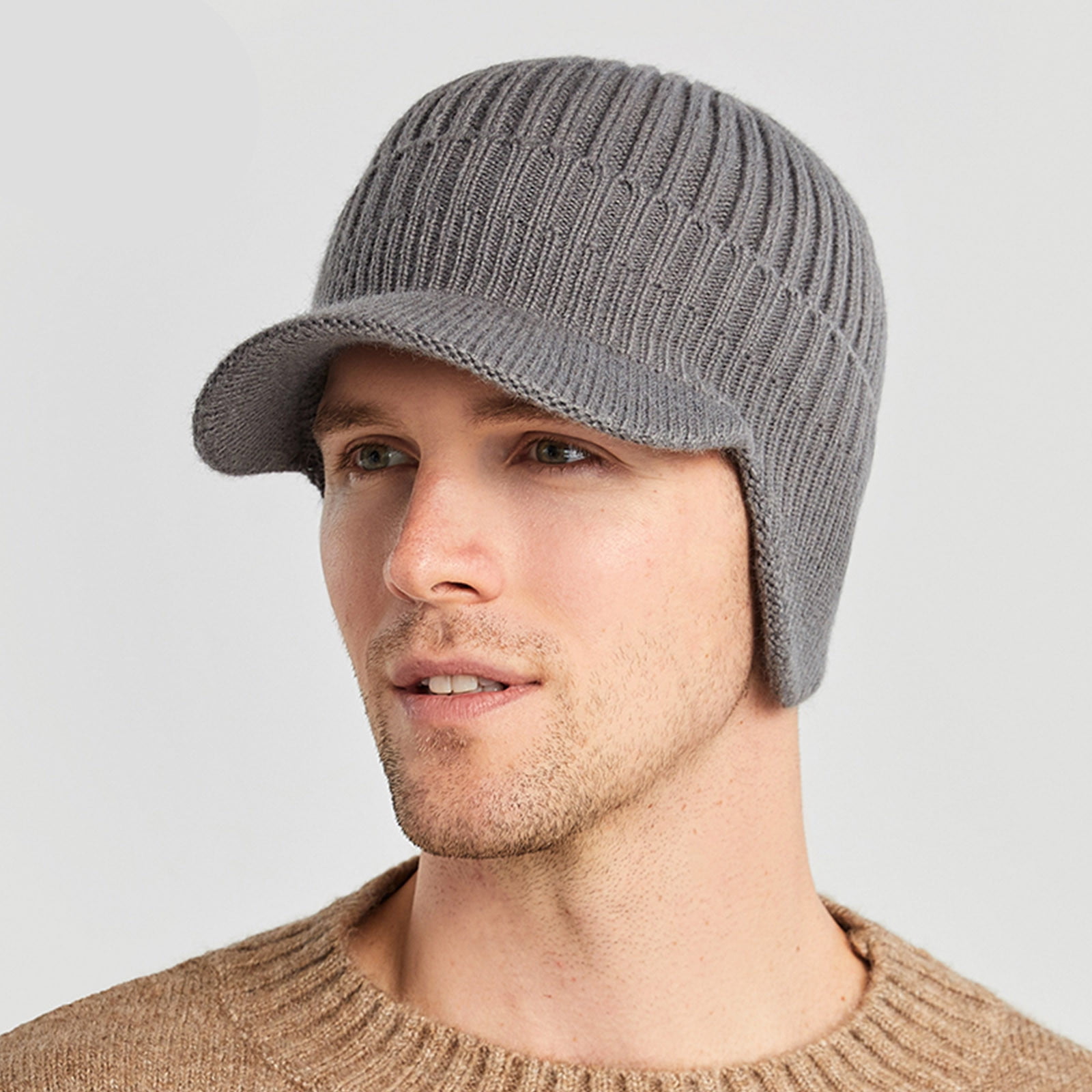 Vadktai Men's Winter Visor Beanie Hat with Earflaps Knit Baseball
