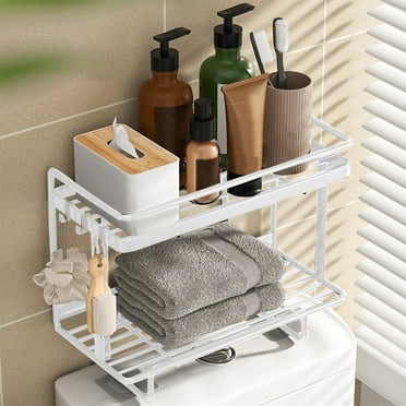 Vadktai Over The Toilet Storage Rack, 2-Tier Bathroom Storage Organizer Upgrade Punch-Free Toilet Storage Shelf, Home Storage Rack with Hooks Shelf