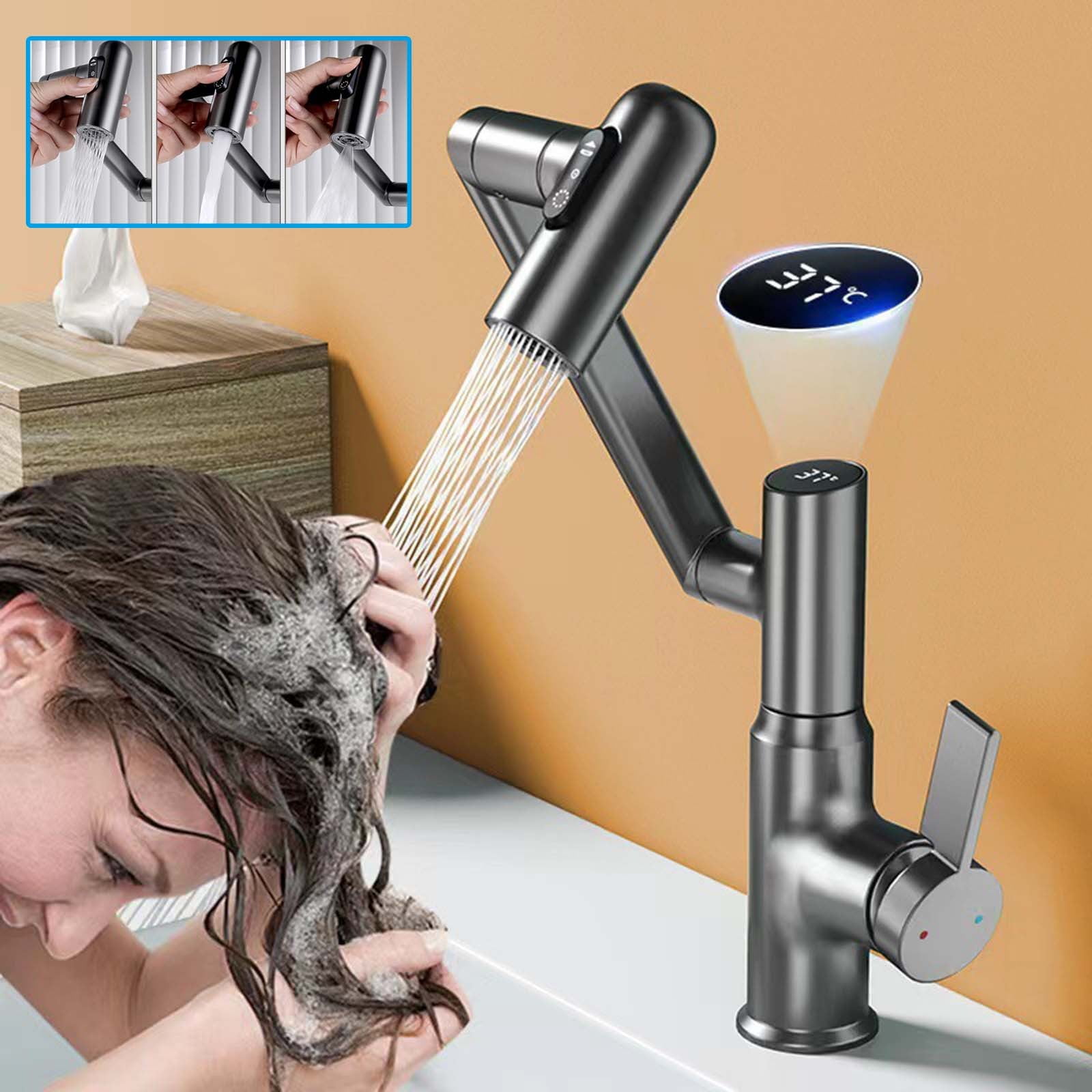 Smart Rotatable Bathroom Faucet With Temperature Display - Height Adjustable, 3 Water Settings, Batteries-Free LED (White)