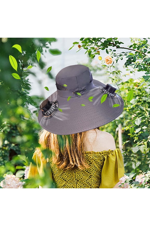 Solar Panel Powered Fan Built in Wide Brim Outdoor Fishing Hat, Men's Wide Brim Solar Fan Outdoor Fishing Hat in Grey, Includes 2 Solar Fans - USB/Solar Dual Power Supply