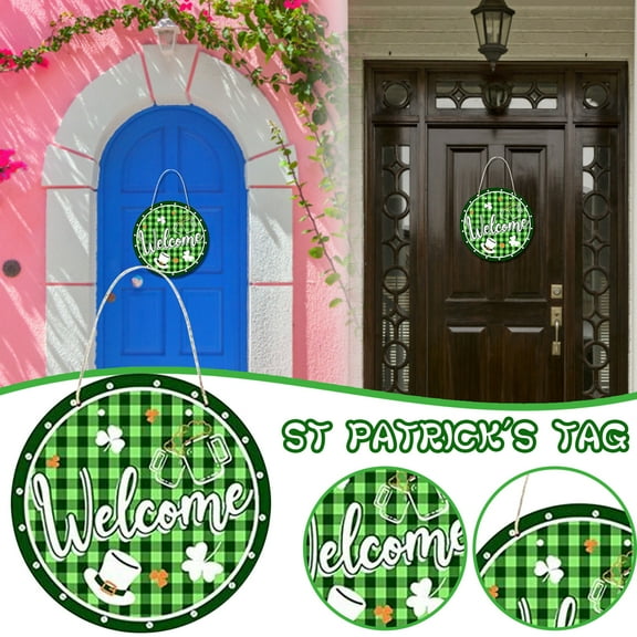 Vadktai St. Patrick's Day Door Sign Wooden Shamrock Wreaths for Front Door Irish Hanging Welcome Board Green Shamrock Welcome Sign