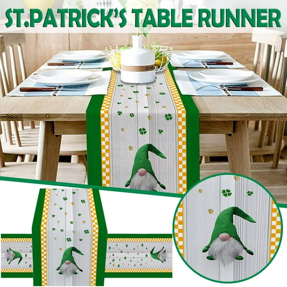 Vadktai St. Patrick's Day Gnome Clover Green Table Runner - Happy St. Patrick's Day Leprechaun Table Runner - Irish Green Shamrock Table Runner for Home Dining Room Decor