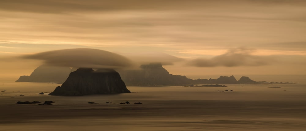Vaeroy islands at cloudy sunset Lofoten Nordland Norway Canvas Art - Panoramic Images (13 x 30)