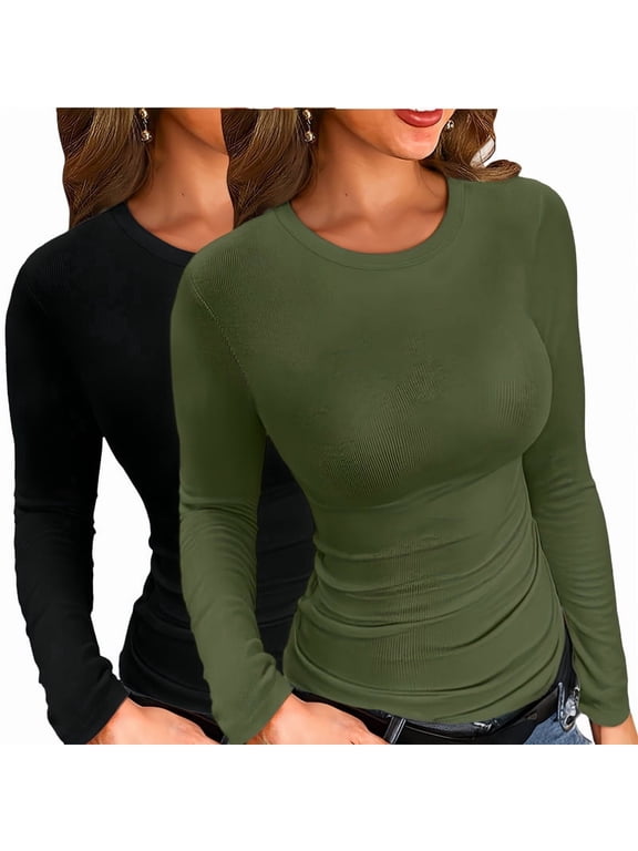 2PCS Fall Winter Clothes Womens Crew Neck Ribbed Long Sleeve Shirts Slim Fitted Tee Casual Basic T-shirt Top Black Green M