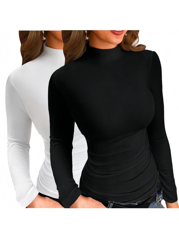 2PCS Women's Long Sleeve T Shirt Mock Neck Slim Tops for Womens Fitted Ribbed Pullovers Tee Top S-XL