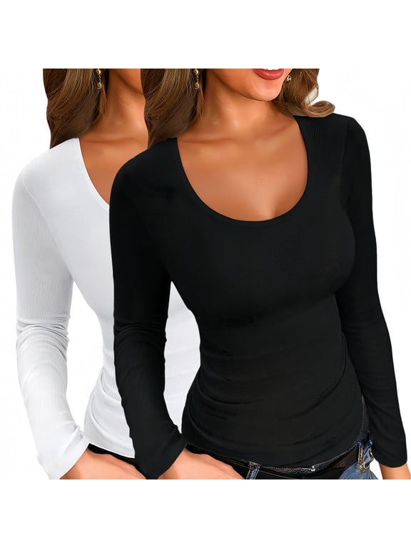 2PCS Women's Scoop Neck Long Sleeve Shirts Ribbed Slim Fitted Casual Basic Top Blouses S-XL White Black