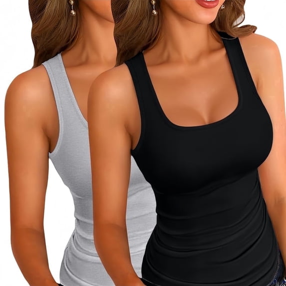 Vafful 2PCS Womens Summer Tank Tops Square Neck Sleeveless Low Cut Sexy Shirts Ribbed Tanks Slim Fitted Casual Basic Tee Shirt Black Gray S