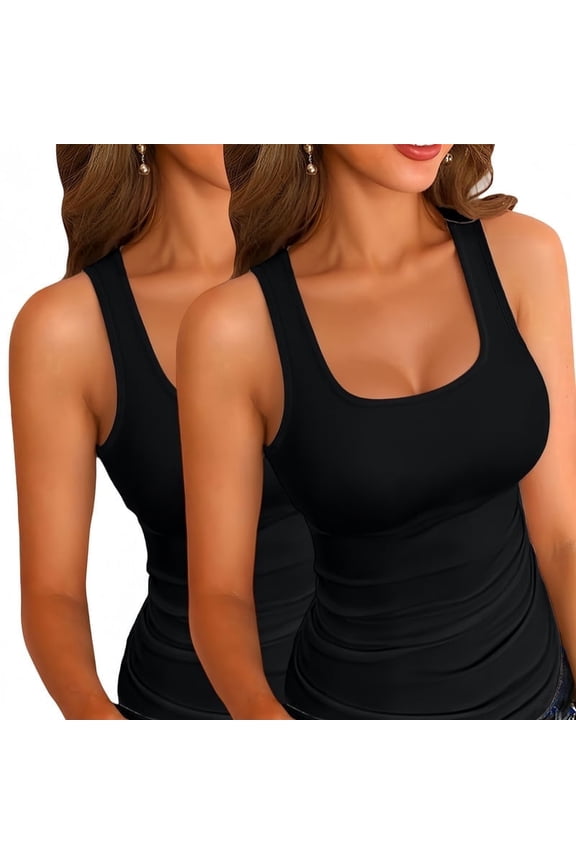 2PCS Womens Summer Tank Tops Square Neck Sleeveless Low Cut Sexy Shirts Ribbed Tanks Slim Fitted Casual Basic Tee Shirt Black M