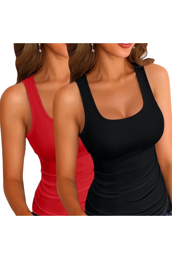 2PCS Womens Summer Tank Tops Square Neck Sleeveless Low Cut Sexy Shirts Ribbed Tanks Slim Fitted Casual Basic Tee Shirt Black Red S