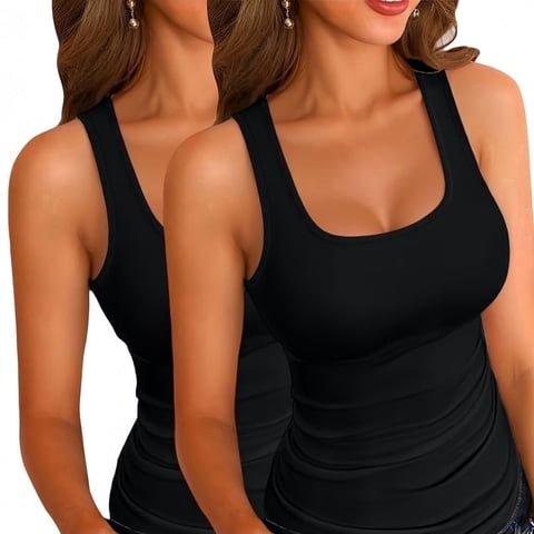 2PCS Womens Summer Tank Tops Square Neck Sleeveless Low Cut Sexy Shirts Ribbed Tanks Slim Fitted Casual Basic Tee Shirt Black XXL