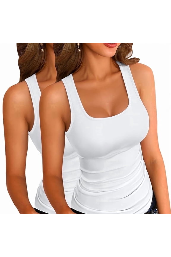 2PCS Womens Summer Tank Tops Square Neck Sleeveless Low Cut Sexy Shirts Ribbed Tanks Slim Fitted Casual Basic Tee Shirt White XXL
