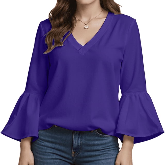 Vafful 3/4 Sleeve Tops for Women Summer V Neck Ruffle Sleeve Shirt ...