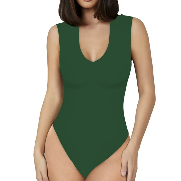 Vafful Bodysuit for Women V Neck Summer Sleeveless Tank Tops Bodysuit  Ribbed Womens Sexy Racerback Tank Tops Fitted Cloth Jumpsuits Dark Green  S-XL 