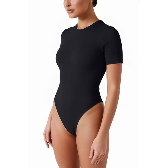 Vafful Bodysuits for Women Short Sleeve Going Out Outfits Shirts Body Suits Ribbed Knit Slim Fitted Down Tops Black S