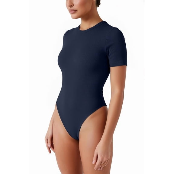Vafful Bodysuits for Women Short Sleeve Going Out Outfits Shirts Body Suits Ribbed Knit Slim Fitted Down Tops Navy M