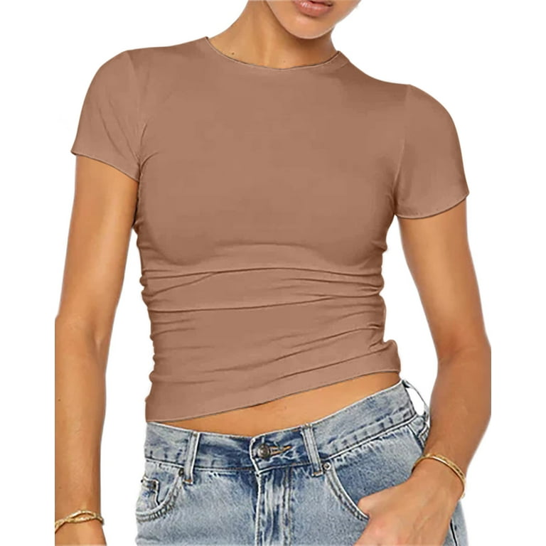 Vafful Crop Top for Women Summer Tops Women's Short Sleeve Cropped Shirt  Stretchy Ribbed High Crew Neck Tops White S-XL 