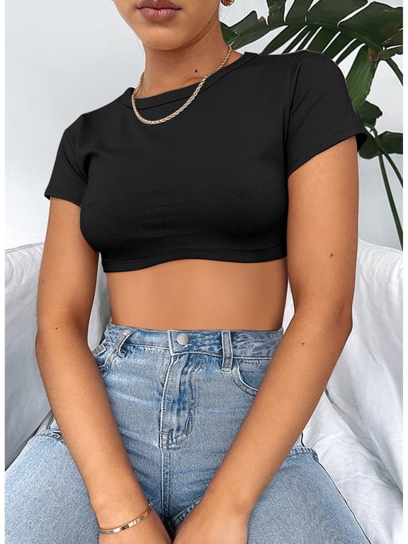 Womens Crop Tops Crewneck Y2K Summer T-Shirt Basic Short Sleeve Fitted Knit Ribbed Casual Blouse Cute Tee Shirt S-L