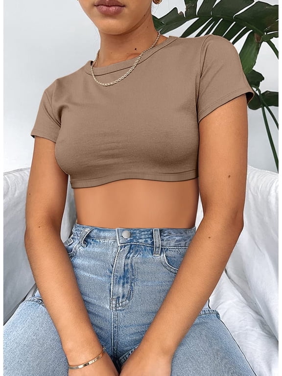 Womens Crop Tops Crewneck Y2K Summer T-Shirt Basic Short Sleeve Fitted Knit Ribbed Casual Blouse Cute Tee Shirt S-L