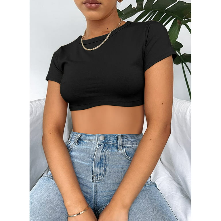 Vafful Crop Tops Sexy Trendy Basic Tight Scoop Neck Crop Short Sleeve Crop  Top for Women and Teen Girls Slim Fit Ribbed Stretchy Workout Shirts Women's  Basic Crop Tops Casual Short Sleeve